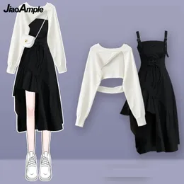 Womens fashion cutout sweatersuspender Skirt twopiece set Korean Elegant in Matching Set Spring Summer Dress Suit 240329