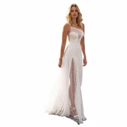 Elegancki A-line Wedding Dr Women 2024 White Otwarte Back Ceik One ramię Spakly Side Split Stunka ślubna Vestidos de noiva koralik d0fu#