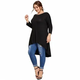 plus Size Loose Casual Tunics Women 3/4 Sleeve Drop Shoulder Hi Low Solid Black Summer Spring Lg Blouse Tops Large Size 6XL O85a#