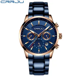 Cwp 2021 CRRJU Деловые мужские часы Модные синие хронографы из нержавеющей стали Наручные часы Повседневные водонепроницаемые часы relogio masculi293d