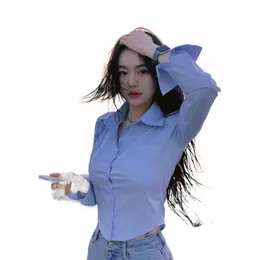 Hemden Frauen Falten Slim Fit Crop Tops Tägliches Design Weiß Reiner koreanischer Stil Fi Casual Büro Dame Allgleiches Zarter Frühling J8TY #