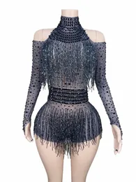 Sexig transparent nät Balck Tassels Women Bodysuit Sparking Black Rhineste Birthday Party Bar Wear Stage Performance Costumes 40l3#
