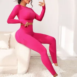 Seksi yoga takım elbise dikişsiz uzun kollu üst ve sıkı yüksek belli fitness pantolon 2 parçalı set