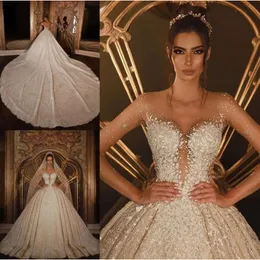 One Pcs African Luxurious Said Mhamad Ball Gown Wedding Dresses Beaded Lace D Appliques Crystal Plus Size Bridal Gowns