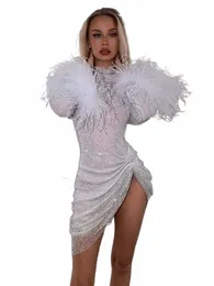 Wantaths Bling Glitter Lg manica spacco laterale Mini Dres sexy per le donne Piuma pieghettato Dr New Fi Party Clubwear W2uK #