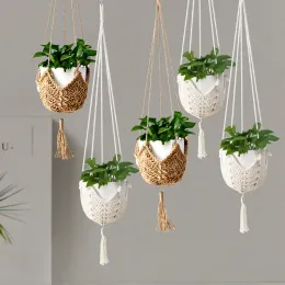 Cestas mão tecido macrame vaso de flores net algodão numb corda chapéu pendurado vaso pendurado cesta vaso de flores cesta de suspensão