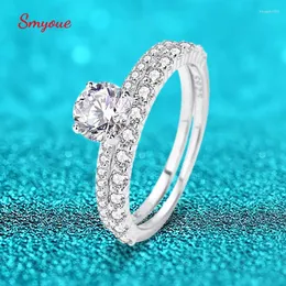 Anéis de cluster Smyoue 0.8ct 2 pcs real moissanite anel conjunto para mulheres casamento noivado laboratório criado diamante banda s925 jóias de prata esterlina