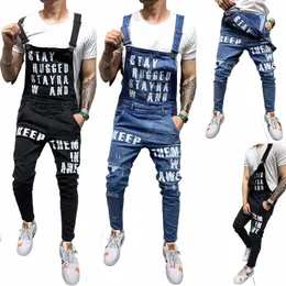 Uomo Bretelle Denim Tuta Lettere Pantaloni in denim Fi Tuta da uomo Jeans strappati stampati in denim Uomo Streetwear 91za #