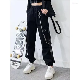 Kvinnors byxor Hougong Fashion Punk Pocket Jogging Belt Chain Harajuku Elastic High Waist Street Casual Work Clothes