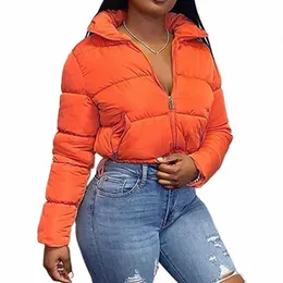 fall Winter Women Casual Solid Lg Sleeve Tops Stand Collar Zipper Short Puffer Coat Fi Warm Female Jacket Streetwear l85G#