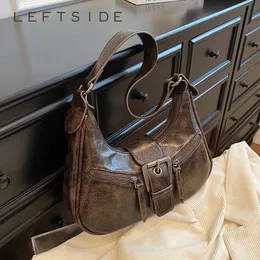 LEFTSIDE Retro Belt Design PU Leather Shoulder Bags for Women Y2K Small Vintage Female Underarm Crossbody Bag Handbags 240322
