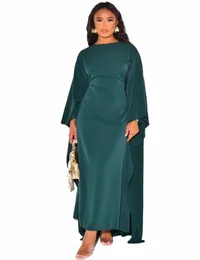 Autumn Fi Satin Party Dr Robe Abaya Muslimska kvinnor Elegant solid runda nackbatt ärmar Lossa Maxi Dr Women V6ol#