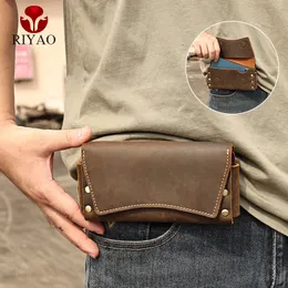 RIYAO Genuine Leather Waist Pack Vintage Dual Layer Phone Bag Pouch fanny pack For Mens Holster Belt Wallet Case Man 240326