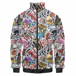 Adesivos Graffiti Carto Traje Colorido Uniforme Homens Zipper Stand Collar Jaquetas Impressão 3D Jaquetas de Beisebol Harajuku Casacos r3XT #