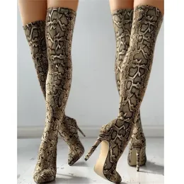 Stövlar 2021 Nya Snake Print Women's Boots High Over The Kne High Elastic Boots 12cm stilett High Heels 311 12 BBZAI