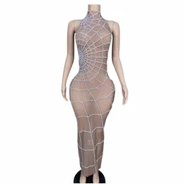 sheer High Neck Spider Striped Beaded Lg Dr For Women Las Vegas Showgirl Party Dres Performance Drag Queen Costume b4sj#