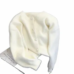 Koreansk enkel O-hals enkelbröst imitati mink veet stickad tröja 2023 casual lös mjuk pärla butts cardigan kvinnor a5gk#