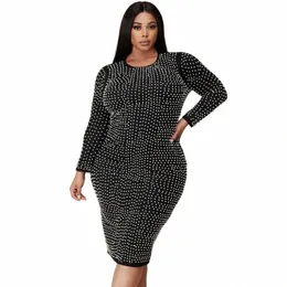 Midi Jurk Fi Kralen O Hals Lange Mouwen Elegante Streetwear Per il tempo libero Mid Taille Plus Size Jurk XL-5XL Groothandel Dropship 10vS #