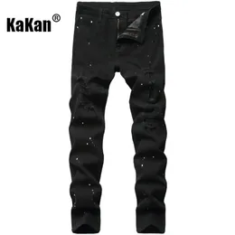 Kakan - European och American Slim Fit Black Slim Stretch Jeans för män målade korta ben långa jeans K21- 240325