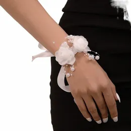 Brautjungfer Frs Armband Hochzeit Handgelenk Stoff Ribb Perle Bogen Bridel Handgelenk Frs Hand Frs Party Prom Liefert Decor 60NZ #