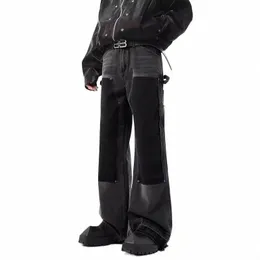 Reddachic Retro Black Whiskers Men's Bagy Jeans Cleanfit Stitch Studded Raw Edge Wide LegPantsルーズカジュアルハラジュクストリートウィアv58p＃
