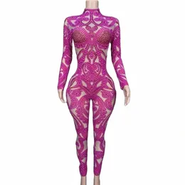 sexy Stage Sparkly Perle Trasparente Rose Red Mesh Tuta Compleanno Celebrare Net Yarn Outfit Women Dancer Photoshoot Wear S3Cq #