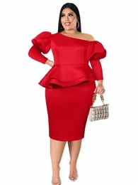 ontinva Red Peplum Dres Plus Size 4XL Cold Shoulder Puff 3/4 Sleeve Christmas Trim Ruffles Evening Birthday Event Gowns T6kQ#