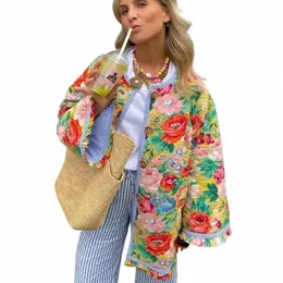 Vintage FR -tryck Floral Women Cott Coat Autumn Winter Jacket tjock varm streetwear ytterkläder skarvade LG -ärmar Överrock Q035#