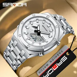 Armbanduhren Sanda G-Stil Männer Digitaluhr Countdown Stoppuhr LED Elektronische stoßfeste Edelstahl-Quarz-Armbanduhr 2 Zeit 5 Wecker