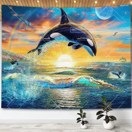 Tapestries Dolphin Wall Hanging Tapestry Nature Sunset Sea Scenery For Bedroom Aesthetic Home Decoration Landscape Tapestrys