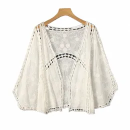 cape Female Summer Air Cditiing Shirt Hollow Outerwear Tops Knitted Cardigan Beach Sun Protecti Thin Short Small Shawl O8ok#