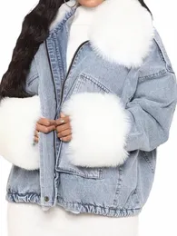 women Fur Collar Denim Coat Furry Sleeve Winter Jeans Jeacket Streetwear Vintage Overcoat Fi Denim Zipper Outerwear 2024 q5mU#