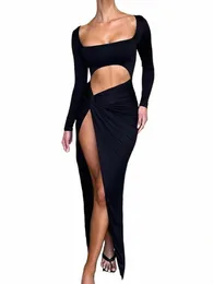 Mozisi Sexy Hollow Out High Split Maxi Dr for Women Robe 2022秋のフルスリーブRuched Club Party LG Dr Vestido Q13d＃