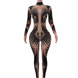 Blaskly Ste Feather Print Kumpsuit Kobiety seksowne przyjęcie urodzinowe Bodysuit Prom Dres Pole tancerz Performance Kostium Feibiao Q71f#