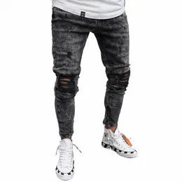 fi Men's Jeans Distred Stretch Ripped Biker Jeans Men Hip Hop Slim Fit Holes Punk Jeans Zipper Pure Color Denim Trousers y5os#