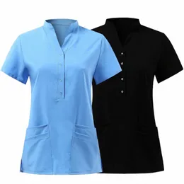 Solide Frauen Krankenschwester Uniform Peeling Kurzarm V-ausschnitt Gesäß Tasche Tops Pflege Arbeits Medizinische Uniform Bluse Krankenschwester Zubehör 76BE #