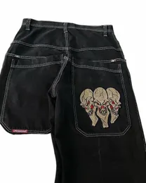 уличная одежда JNCO джинсы Y2K хип-хоп ретро череп вышитые мешковатые джинсы черные брюки мужские панк-рок широкие брюки с высокой талией m6PO #