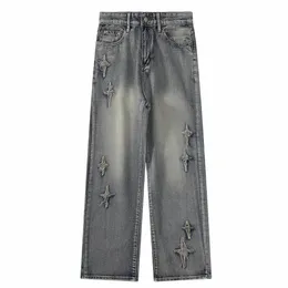 aelfric Eden Star Embroidered Wed Jeans 2023 Men Hip Hop Denim Streetwear Hole Denim Pant Harajuku Joggers Jeans Harem Pants P5T9#