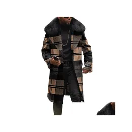 Men'S Wool & Blends Mens Big Fur Collar Plaid Overcoats Luxury Trench Coats For Men Check Woolen Long Jackets Fashionable Large Size D Dhgk3