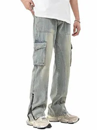 男性用の泥イエロージーンズY2Kソリッドカラーのオーバーオールバット付きマルチポケットジッパー古いズボンを緩めるA148 C5yl＃