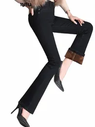 Vinterskinn varma kvinnors denim byxor stor storlek 26-34 flare jeans plysch fodrad hög midja vaqueros förtjockar vintage klockbotten c6qz#