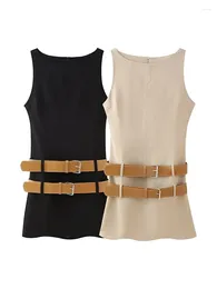 캐주얼 드레스 O-Neck Sleeveless Girl 's Black Short 2024 Fashion High High Waist Khaki Straight Two Belt Women's Slim Mini Dress