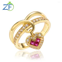 حلقات الكتلة GZ Zongfa Pure 925 Sterling Silve Heart for Women التي تم إنشاؤها Ruby 14K Gold Gold Plented Strendy Jewelry