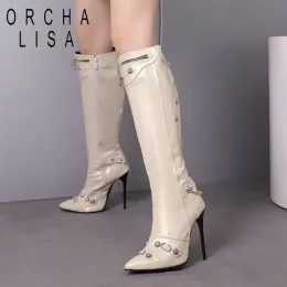 Buty Orcha Lisa Sexy Women Długie buty wskazywane stóp stiletto 12 cm Zipper Metal Decoration Duża rozmiar 46 47 48 Koleńowca wysokie botki
