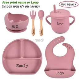 Cups Dishes Utensils 6Pcs/4Pcs Baby Feeding Set Silicone Tableware Custom Personalized Name Suction Plate Bowls Spoon Fork Bib First Stage Self Feed 240329