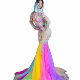 FI Colorful Mesh Bandage Tryckt LG DR Big Elastic Crystals Slå Dr Prom Singer Bar Party Celebrati Costume X9A8#