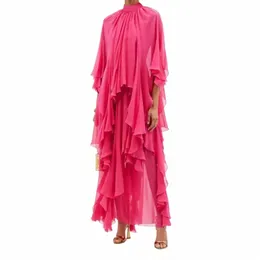 2024 Summer New Fi Women Chiff Sloak Sleeves Irregular Ruffles Folds Solid Color Casual Holiday Lg Dr T075#