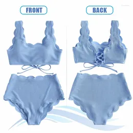 Kvinnors badkläder Kvinnor Hög midja Bikini Set Scalloped Textured Solid Two Pieces Push Up Beach Bathing Suits Lace Biquinis