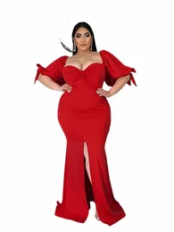 elegante donna da sera Dr tinta unita Plus Size Maxi Dr con maniche a sbuffo Strapl Night Sexy Lg sera Dr con spacco b1Zj #