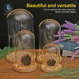 Vaser imitation blomma glas kupol trä bas med LED -ljus för saftiga växter hem dekoration diy figur display box dammskydd